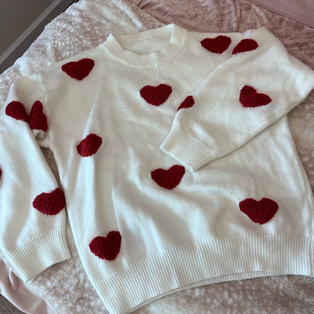 Heart Patterned White and Red Sweater